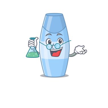 Süper Dâhi Şampuan Karikatür Profesörü bir laboratuvar üzerinde çalışıyor. Vektör illüstrasyonu