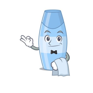 Beyaz peçeteli bir garson olarak şampuanın karikatür tasarımı. Vektör illüstrasyonu