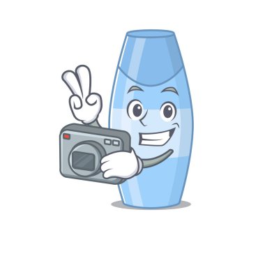 Kamerayla çalışan usta bir fotoğrafçı şampuan karikatür tasarımı konsepti. Vektör illüstrasyonu