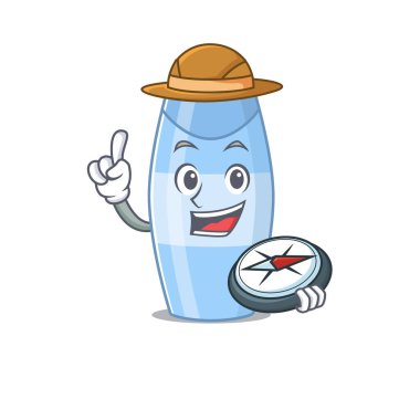 Seyahat sırasında pusula kullanan kaşifin şampuan maskotu tasarımı. Vektör illüstrasyonu