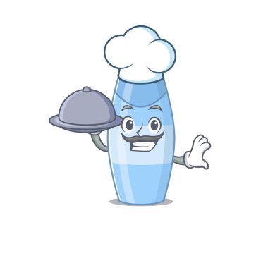 Maskot karakter stili şampuan şefi tepside yemek servisi yapıyor. Vektör illüstrasyonu
