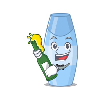 Bir şişe şarapla şampuanın karikatür tasarımı tezahüratı. Vektör illüstrasyonu