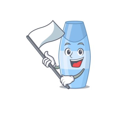 Beyaz bayrak taşıyan cesur bir şampuan maskotu tasarımı. Vektör illüstrasyonu