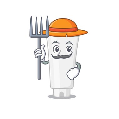 Çiftçi duş jeli maskot tasarımı şapkayla çalışıyor. Vektör illüstrasyonu