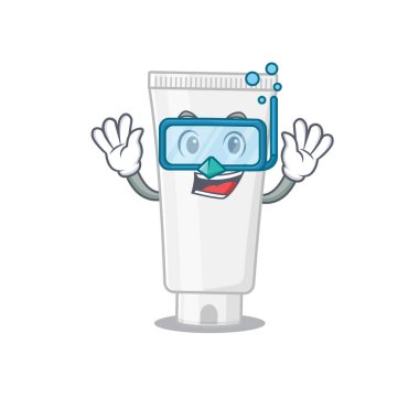 Duş jeli maskot tasarımı dalış gözlükleriyle yüzer. Vektör illüstrasyonu