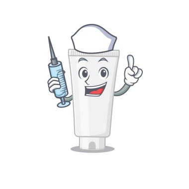 Şırıngalı duş jeli hemşire maskotu tasarımı. Vektör illüstrasyonu