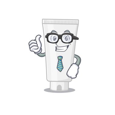 Duş jölesinin maskot stili gözlüklü ve kravatlı iş adamı. Vektör illüstrasyonu