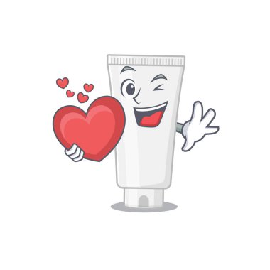 Kocaman bir kalp taşıyan sevimli bir duş jeli karikatür tasarımı. Vektör illüstrasyonu