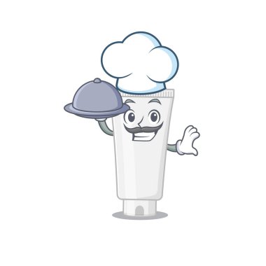 Maskot karakteri tarzı duş jeli şefi tepside yemek servisi yapıyor. Vektör illüstrasyonu