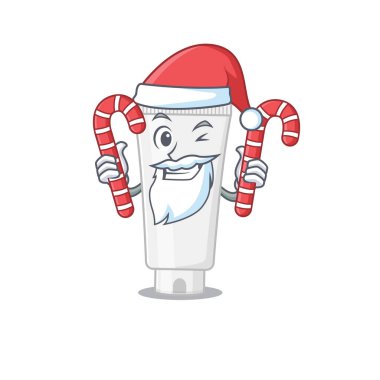 Noel Baba çizgi film karakteri gibi giyinmiş duş jeli ve Noel şekeri. Vektör illüstrasyonu