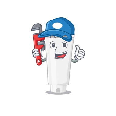 Duş jeli, aletli bir tesisatçı olarak tasarlanmış maskot çizimi. Vektör illüstrasyonu