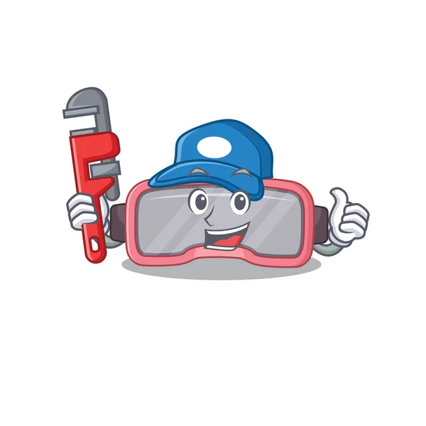 Diseño de la mascota de dibujos animados de gafas vr como fontanero con herramienta — Vector de stock