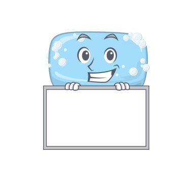 Masanın arkasında duran komik çizgi film dizayn sabunu. Vektör illüstrasyonu