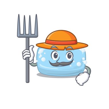 Çiftçi sabun maskotu tasarımı şapkayla çalışıyor. Vektör illüstrasyonu