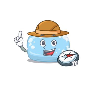 Yolculuk sırasında pusula kullanan bir kaşif sabun maskotu tasarımı. Vektör illüstrasyonu