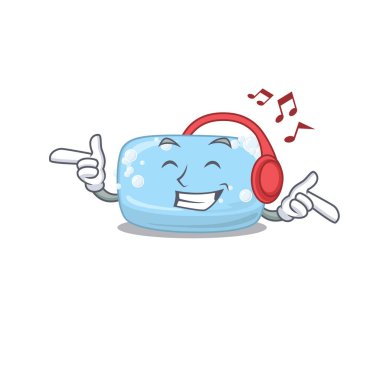 Kulaklıkla sabun dinleyen bir karikatür tasarımı. Vektör illüstrasyonu