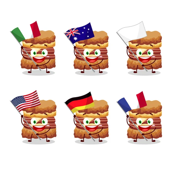 Chicken sandwich cartoon character bring the flags of various countries — Stock Vector