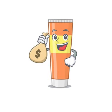 Para çantaları olan diş macununun çılgın zengin karikatür resmi.