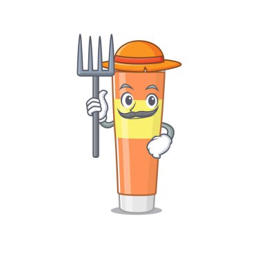 Çiftçi diş macunu maskotu tasarımı şapka ile çalışıyor.