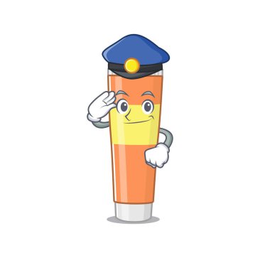 Yakışıklı bir polis memuru, mavi şapkalı diş macunu karikatürü.