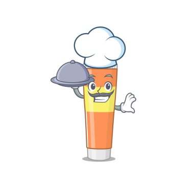 Maskot karakter stili diş macunu şefi tepside yemek servis ediyor.