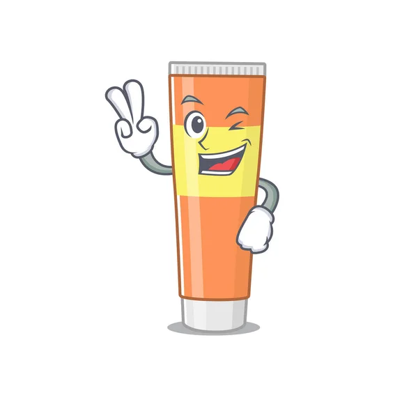 Uma pasta de dentes alegre estilo mascote cartoon mostrar dois dedos pose —  Vetores de Stock