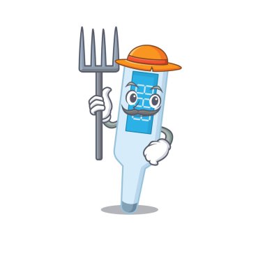 Çiftçi dijital termometre maskot tasarımı şapka ile çalışıyor