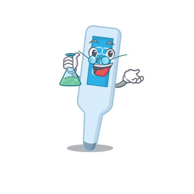 Süper zeki dijital termometre karikatür profesörü bir laboratuvar üzerinde çalışıyor.