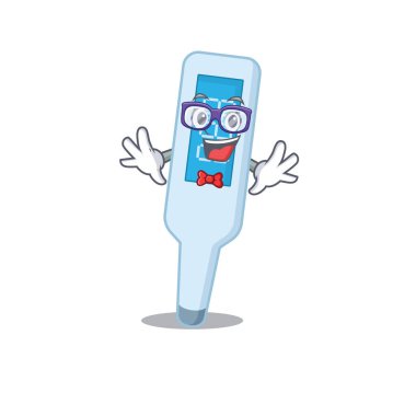 Tuhaf gözlük takan inek dijital termometrenin karikatür çizimi.