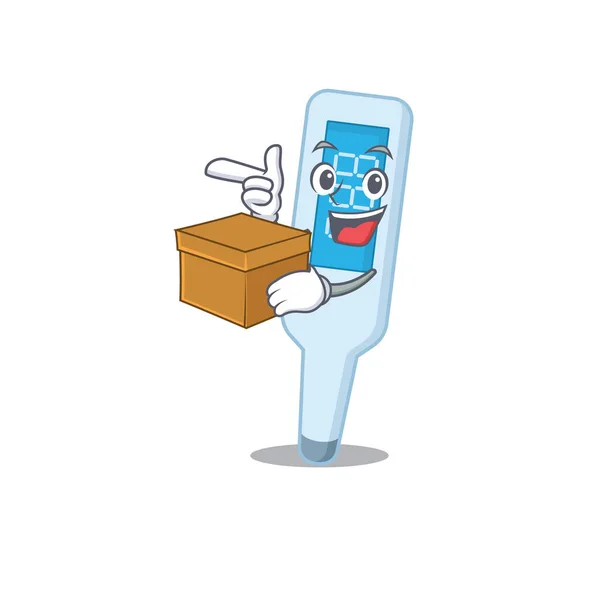 A smiling digital thermometer cartoon mascot style having a box — Stock Vector