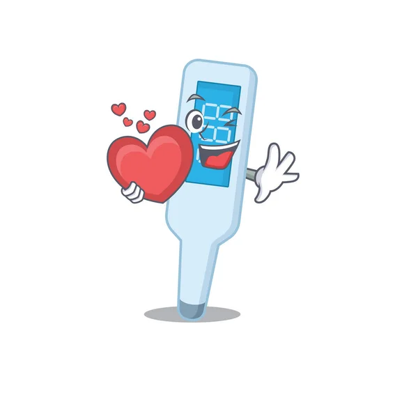 Um estilo de design de caricatura termômetro digital adorável segurando um grande coração — Vetor de Stock