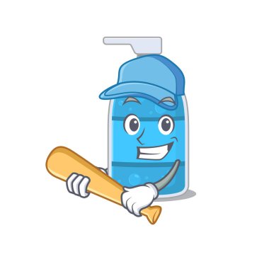 Çekici el yıkama jeli karikatür karakteri beyzbol oynuyor.