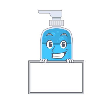 El yıkama jeli çizgi film tasarımı bir panonun arkasında duruyor.