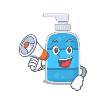 El yıkama jelinin maskot tasarımı megafonda yeni ürünler duyurdu