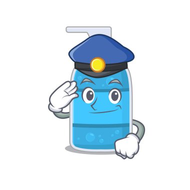 Polis memurunun çizdiği el yıkama jeli mavi bir şapka takıyor.
