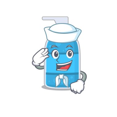 Gülen denizci çizgi film karakteri. El yıkama jeli. Beyaz şapka ve kravat takıyor.