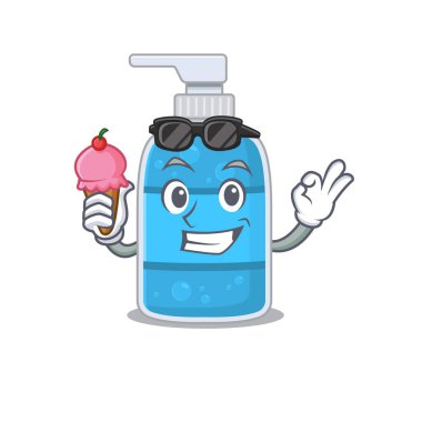Dondurma tutan el yıkama jeli karikatürü.