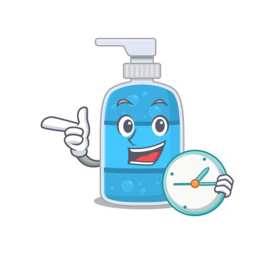 Maskot tasarım tarzı el yıkama jeli, elinde saatle ayakta duruyor.