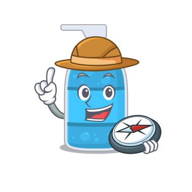 Maskot tasarımı konsepti. El yıkama jeli kaşifi. Ormanda pusula kullanıyor.
