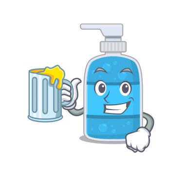 Çizgi film konsepti, el yıkama jeli ve bir bardak bira.