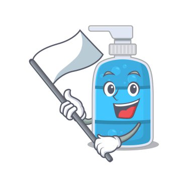 Kahramanca bir el yıkama jeli maskot tasarımı beyaz bayrak