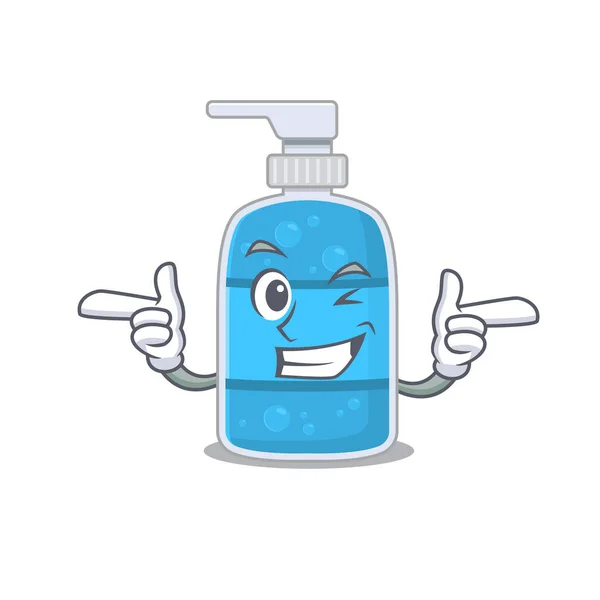 Cartoon design mytí rukou gel ukazující legrační tvář s mrknutím oka — Stockový vektor
