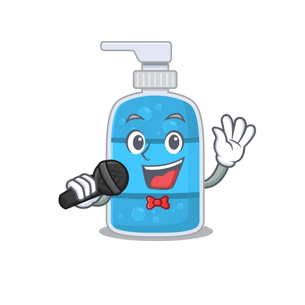 Zeichentrickfigur des Handwaschgels singt ein Lied mit Mikrofon — Stockvektor