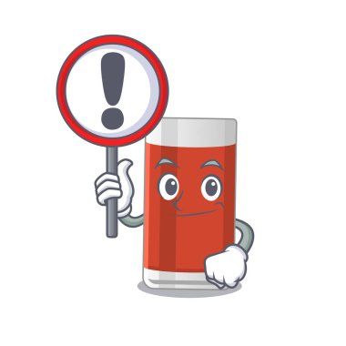 Karikatür simgesi olarak bir bardak elma suyu ve bir ünlem levhası. Vektör illüstrasyonu