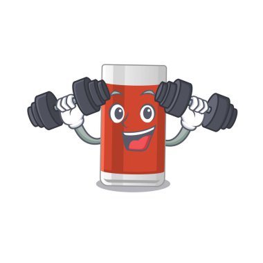 Egzersiz sırasında halterli kaslı elma suyu maskotu tasarımı. Vektör illüstrasyonu