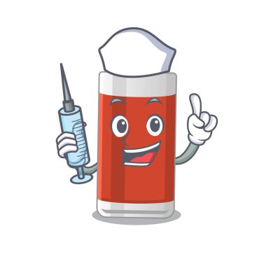 Bir bardak elma suyu, hemşire maskot dizaynı ve şırınga. Vektör illüstrasyonu