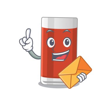 İçinde bir zarf olan neşeli bir bardak elma suyu karikatür tasarımı resmi. Vektör illüstrasyonu