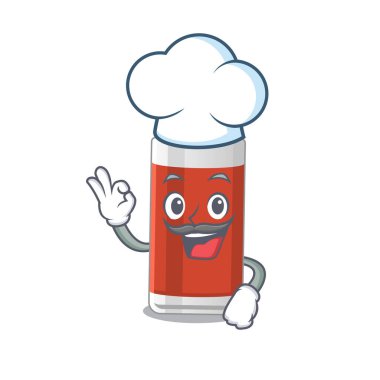 Bir bardak elma suyu şefi çizim stili simgesel şef şapkası takıyor. Vektör illüstrasyonu
