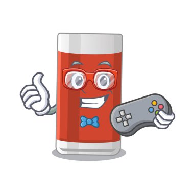 Çizgi film maskot tasarımı. Bir bardak elma suyu oyuncusunun kumandayı kullanması. Vektör illüstrasyonu