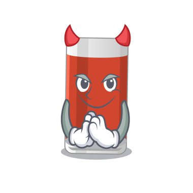 Cadılar Bayramı gecesinde şeytan çizgi film karakteri gibi giyinmiş bir bardak elma suyu. Vektör illüstrasyonu